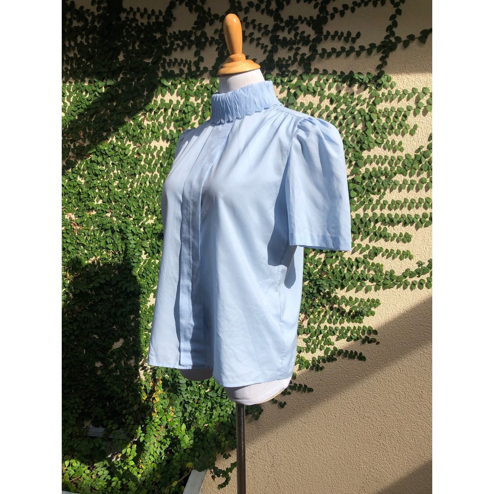 Rhoda Lee light blue Short sleeve high pleated neck top neck buttons